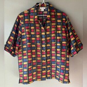 Vintage Stunt size M, 100% silk Multicolor Checkered Blouse with Shoulder Pads